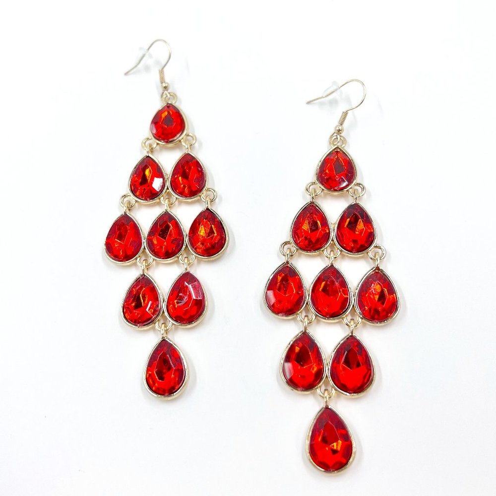 NWT-Charming Charlie - Large Red Faceted Teardrop Chandelier Gold Tone Earrings